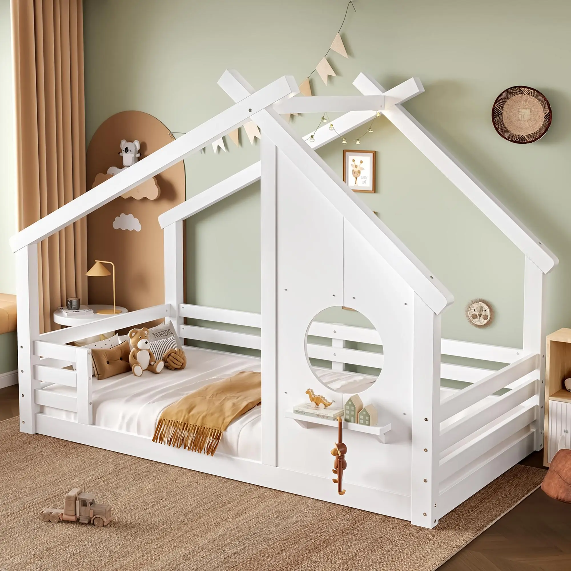 House Floor Bed with Window and a Small Shelf, Solid Wood Floor Bed with House-shaped Roof, No Spring Box Needed Bedframe Bedroom Furniture