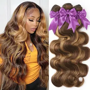 [Rovess Hair]14A Grade Brazilian Virgin Human Hair Bundles P4/27 Highlight Brown Body Wave 12-30 Inch Honey Blonde Weave Extensions For Women