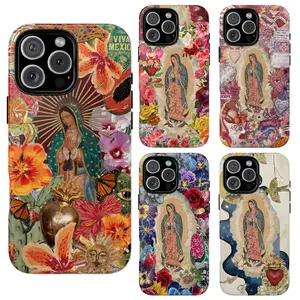 Virgin Mary Floral iPhone Case, Flowers & Lady Guadalupe Pattern Virgin Mary Religious Cross Phone Case for iPhone 17 16 15 14 13 12 11 Pro Max Plus