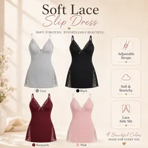 Women’s Lace Trim Slip Nightgown, Soft Satin Sleep Dress with Adjustable Straps, Side Slit Nightwear Lounge Dress