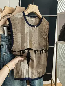 Women's Casual Loose-Fitting Round Neck Sleeveless Knit Top, Spring Summer Fashion Colorblock Deep Blue Hem Patchwork Lady Blouse