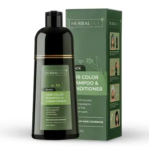 HerbalHue Black Hair Dye Shampoo & Conditioner for Color Treated Hair, 100% Gray Hair Coverage, 13.5 FL OZ (400 ML) - Gentle Formula Haircare Cleanser