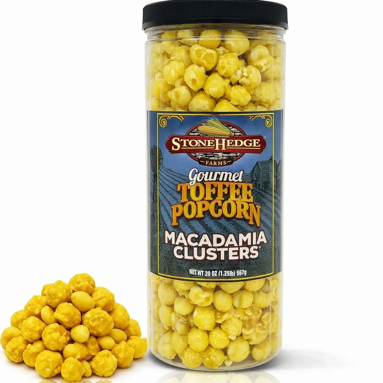 Stonehedge Farms Gourmet Toffee Popcorn Macadamia Clusters | 20 oz Reclosable Container | Mix Of Pop corn, Macadamia Nut and Butter Toffee | Holiday Snack Gift