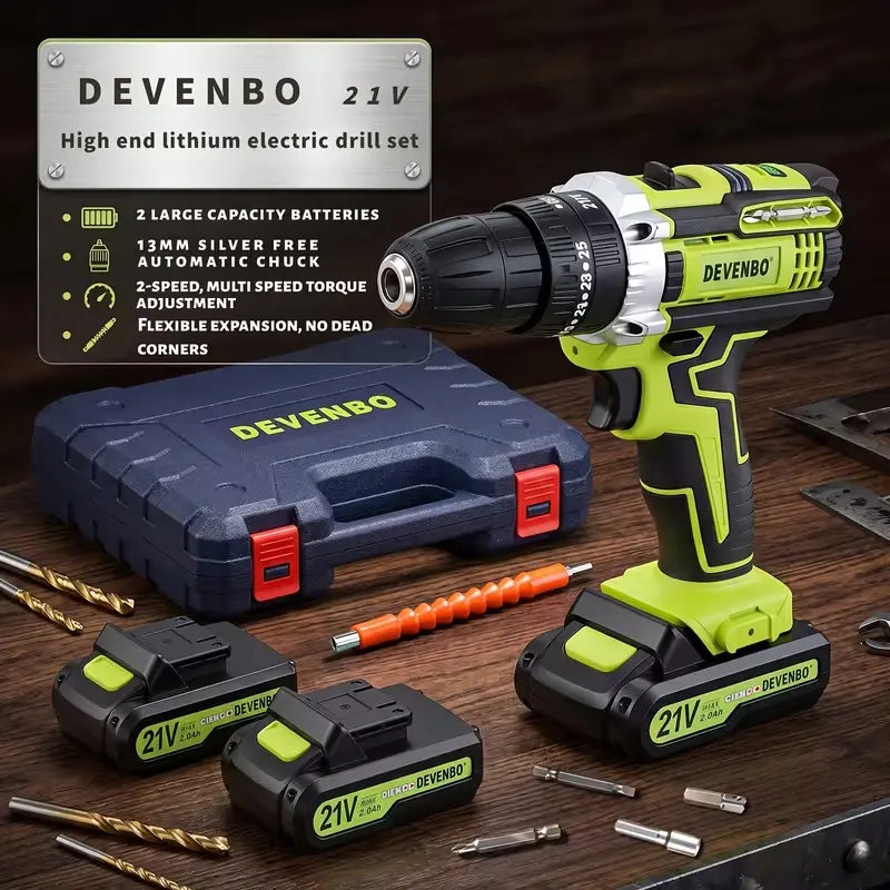 DEVENBO 21V Cordless Impact Drill Set, Equipped with a 3/8-inch Keyless Chuck, 18+3 Speed Clutch Electric Drill with Work Light, Available with Optional Drill Bit Set and Storage Case. It Combines the Functions of a Drill and an Electric Screwdriver