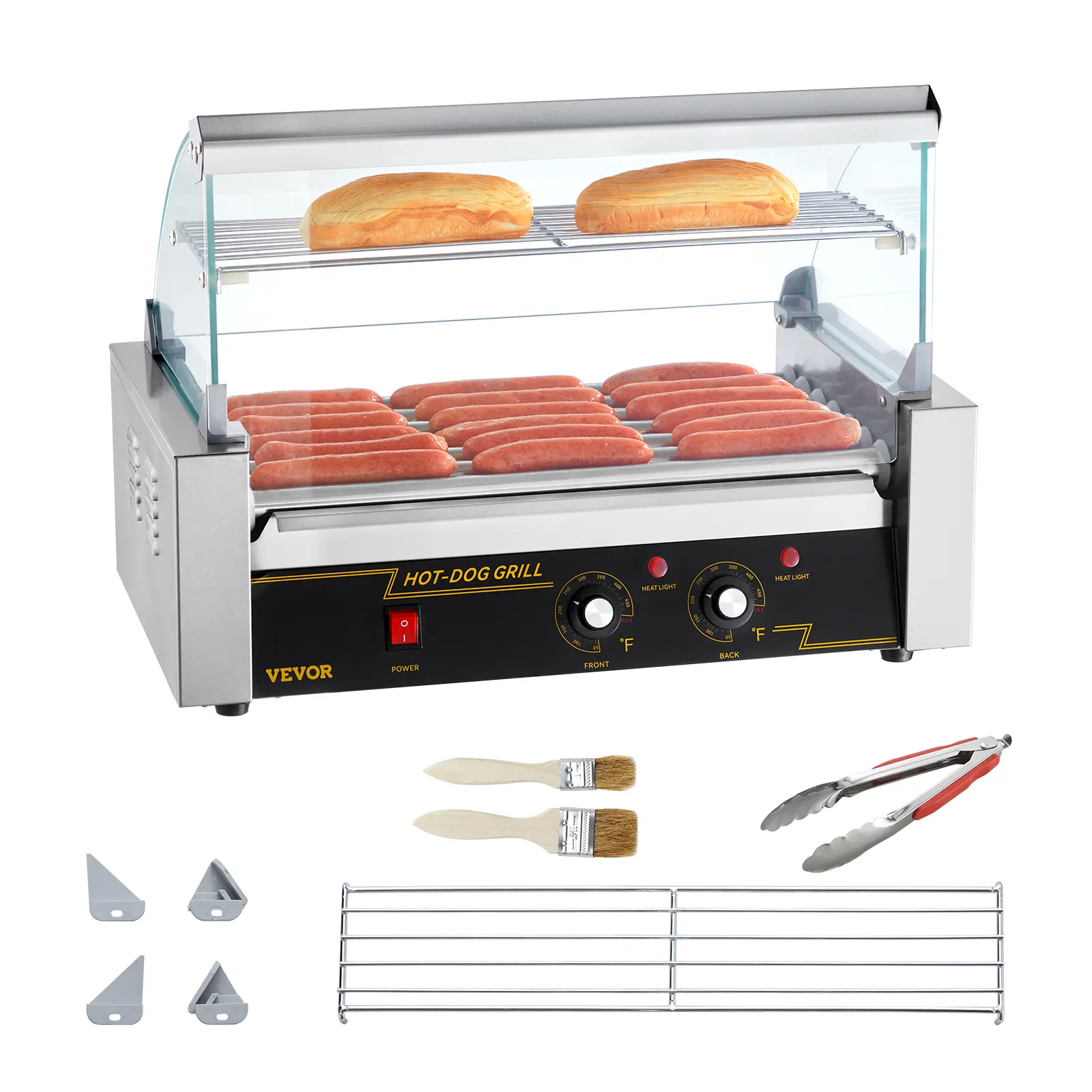 VEVOR 7-Roller Hot Dog Roller Grill Cooker Machine, 18-Capacity 1050W Stainless Steel Sausage Cooker for Barbecues, Dual Temp Ctrl, Glass Hood, Acrylic Cover, Bun Warmer Shelf, Removable Oil Drip Tray, Brushes Included, ETL Certified Kitchen Appliance