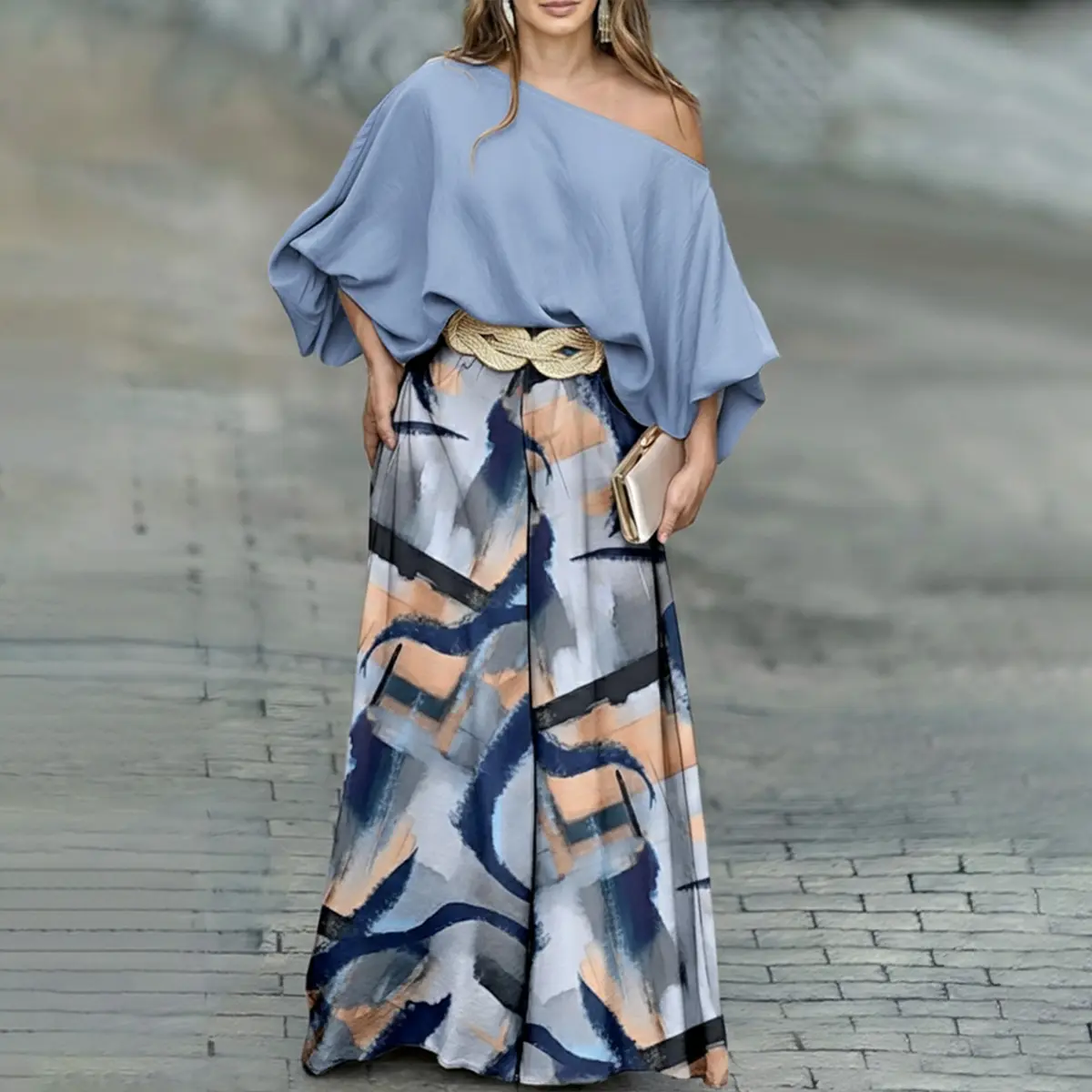 CHICME Women's 2 Pieces Outfit Skew Neck Batwing Sleeve Stretchy Hem Top and Casual Abstract Print Zipper Fly Elastic Back Waist Wide Leg Pants Set without Belt Elegant Lightweight