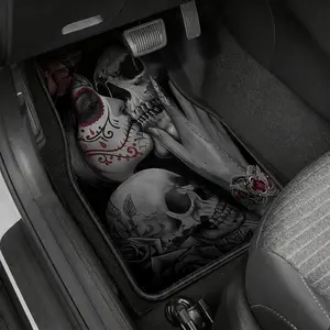 4PCS Sugar Skull Day of the Dead Car Floor Mats, Gothic Skeleton Couple Tattoo Style Wear Resistant Easy Clean Carpet Liners, Perfect Birthday & Holiday Gift for Him, Dark Aesthetic Interior Decor Accessories Fit Sedan SUV Truck Van