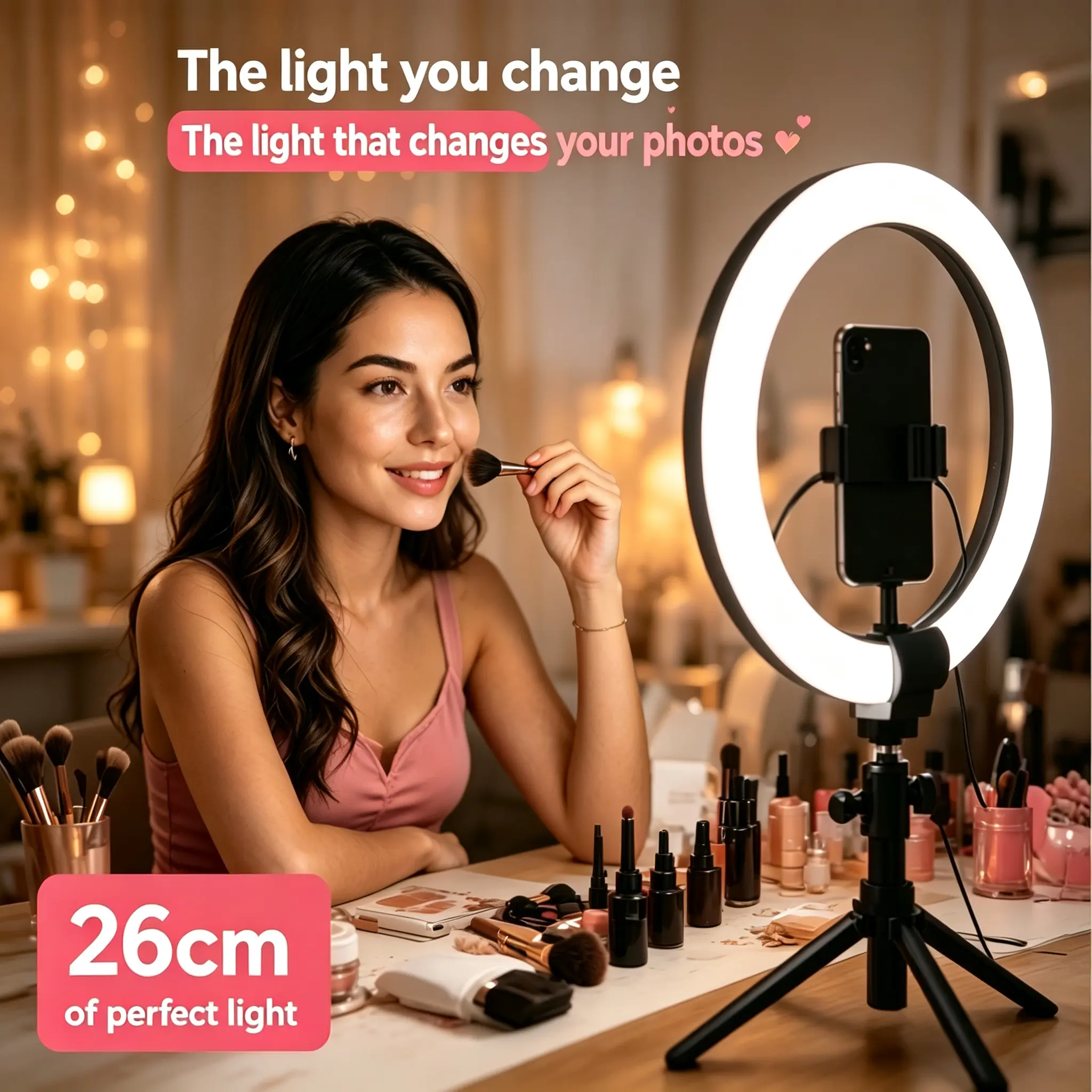 10 Inch LED Ring Light, Desktop Ring Light with Table Tripod Stand & Phone Holder, 3 Colors 10 Brightness Dimmable USB Selfie Ringlight for Makeup Live Streaming Vlog Video Content Creation
