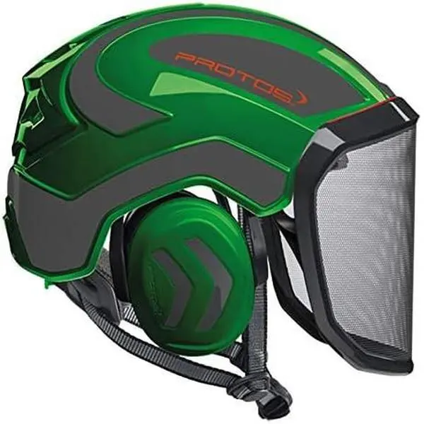 Protos Integral Arborist Helmet - Green & Grey, Integrated Visor, Hearing Protection, Adjustable Airflow, Certified to EN 12492, for Climbing & Arborist Work, Suitable for Work in Wet Conditions
