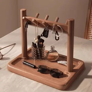 Decorative Key Rack, Entryway Living Room Decor Stand, Tray Included Key Holder for Hallway Home Living Room Decoration, Real Wood Key Organizer, Home Organizer Hook