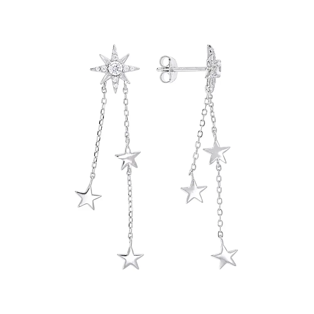 Star Shape Dangle Earrings with Push Backs, Glamorous White Cubic Zirconia in Rhodium Over Sterling Silver, 0.59ctw, Glamorous Artificial Gemstone Earrings, Luxury Artificial Gemstone Earrings