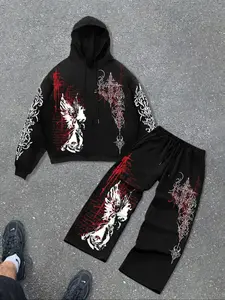 Men's Hooded Sweatshirt Set, Unique Print Design, Soft Fleece Lining, Loose Fit Wide Leg Pants, Casual Streetwear