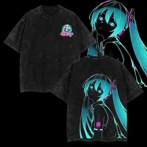 Hatsune Miku Washed Oversized Vintage T-Shirt – Japanese Anime Streetwear for Vocaloid Fans, Kawaii Aesthetic Graphic Tee, Perfect for Festivals, Casual Wear, and Trends