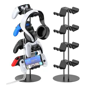 4 Tiers Controller Stand with Cable Organizer, 1 Count Universal Controller Display Stand, Headset Holder & Desk Mounts for 8 Controller, Headphone Hanger