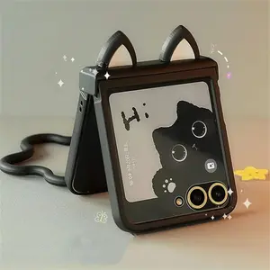 Korean Japan Cute Cat Ears Black Phone Case For For Motorola Razr 60 50ultra Razr 40 Ultra For Samsung Galaxy Z Flip 7/6/5/4/3