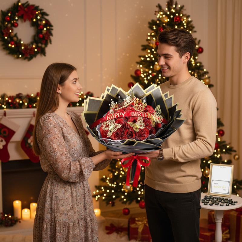 24/36 Pcs Valentine Gift Glitter Roses Bouquet Set DIY Fake Flowers Bouquet with 3D Butterflies Crowns Alphabet Stickers & Ribbons for Girlfriend Wife Mom Friend Women Gift Perfect for Valentine's Day Birthday Engagement Wedding Anniversaries Graduation