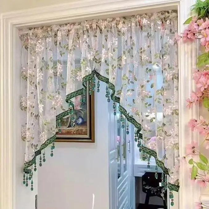 No-drill floral lace door curtain with beaded tassels; a sheer, light-filtering room divider curtain suitable for bedrooms, closets, bathrooms, and apartment decor
