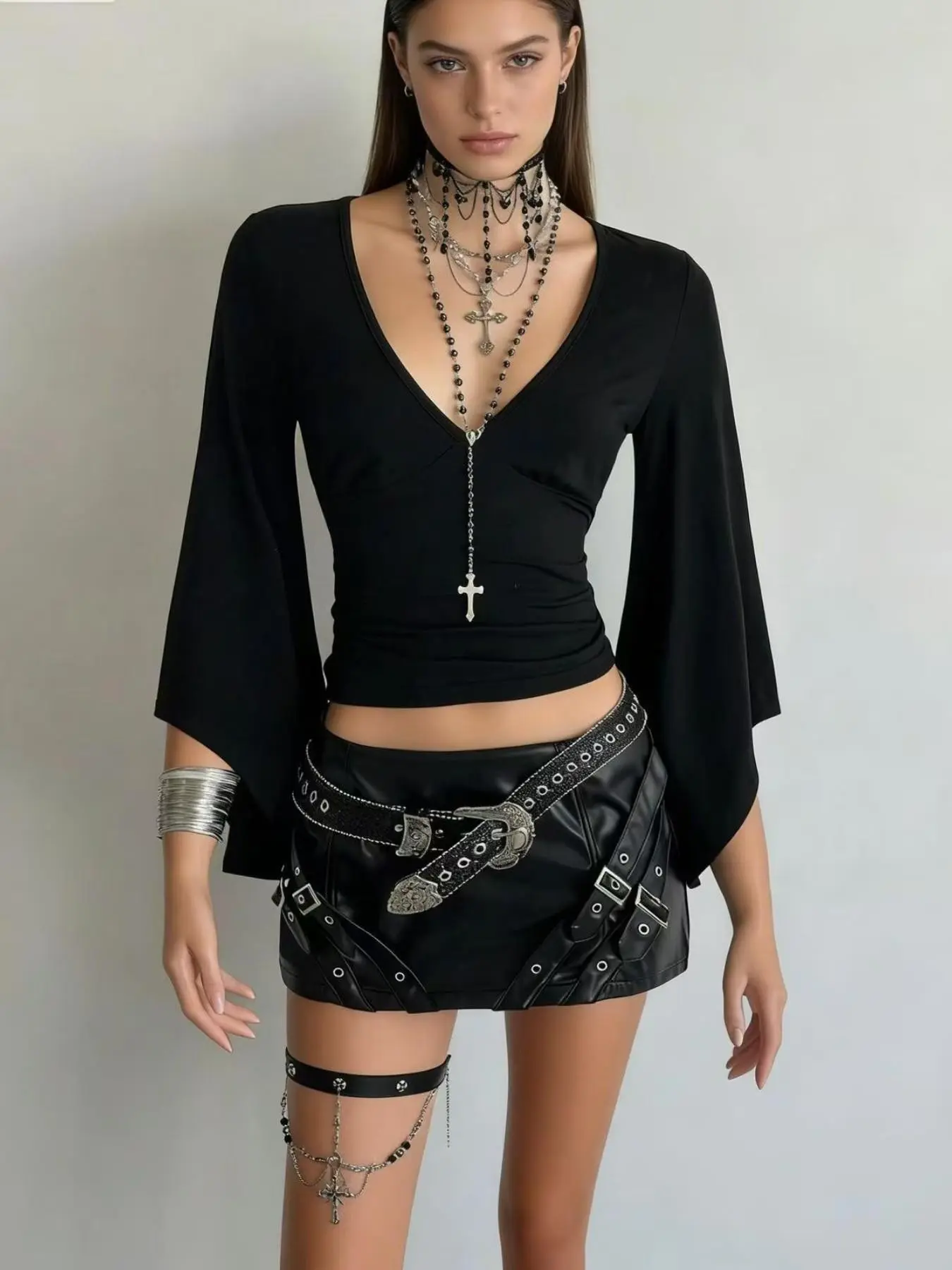 Gothic Style V-Neck Bell Sleeve Flared Slim Fit T-Shirt, Women's Fashionable Casual Top, Tee, Comfortable, Lightweight and Stylish, Perfect for Daily Wear