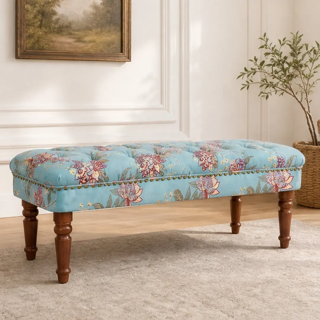 ARCH European Style Tufted Floral Bench Ottoman with Turned Wood Legs, Tiffany Blue Fabric Upholstered Footstool for Living Room Bedroom, 47.25x17.75x17.75 in, Foam Filled, Solid Pine Wood Legs, Tiffany Blue Color Options, Fabric Material
