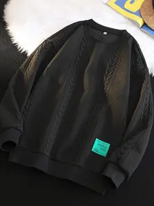 Men's Cable Knit Round Neck Sporty Sweater, Diamond Texture Oversized Pullover, Streetwear Casual Style Tagged Top