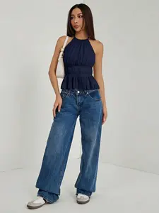Elegant Pleated Halter Neckline Tank Top Women Sexy Backless Waist Tied Crop Top Summer Beach Vacation Sleeveless Blouse Trendy Slimming Going Out Tops 2026