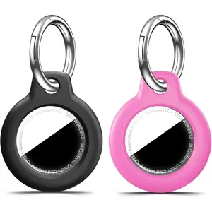 [2 Pack] Holder Case with Keychain, Shockproof GPS Cover Anti-Scratch Key Chain for Air Tags Accessories for GPS Item Tracker Cases for Bags, Luggages, Black+Pink