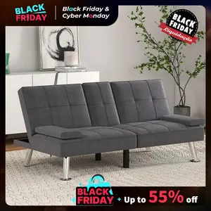 [TikTokShopBlackFriday] EBELLO  Futon Versatile Sofa Bed with Cup Holders USB Port Foldable 2-Seater Guest Bed for Living Room Gray,  Sofa Bed- Elegant