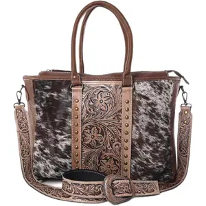 Western Cowhide Hairon Leather Tote Bag for Women With Adjustable Tooled  Strap Leather Purse