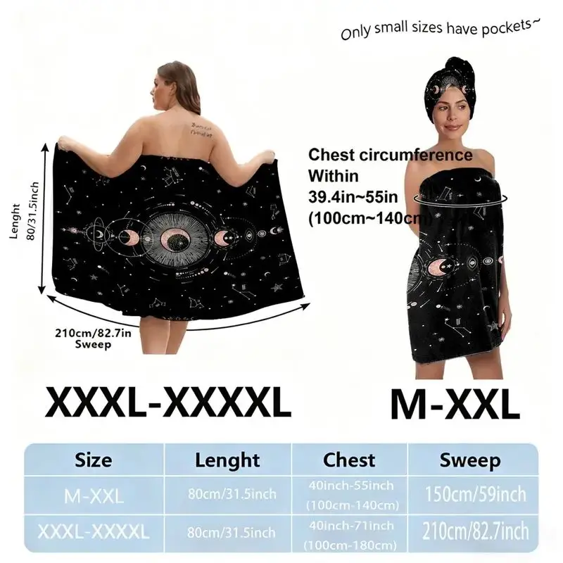 Celestial Galaxy Black Bath Towel Set + Skirt & Headwrap, Towels Set, Star Moon Constellation Eye Design, Adult Toweling Robe with Matching Accessories, Allover Cosmic Pattern, XXL Size Available for Women, Perfect for Spa Festival & Bathroom DecGift.