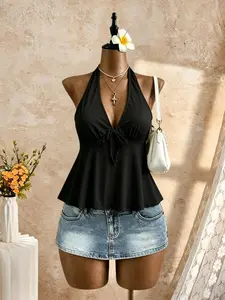 Women's Halter V-Neck Ruffle Top, Front Tie Sleeveless Vest, Flowy Ruffle Hem, Sexy Back Bow Halter Strap, Casual Summer Beach Wear