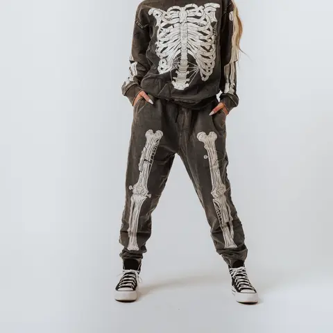 RAGS SKELLY Unisex Adult Streetwear Joggers - Washed Black Graphic Print Jeans Denim Bottoms, Cream Skelly Front Graphic, Stylish Casual, Match with Kids, All Sales Final, Sizes XS-XXL