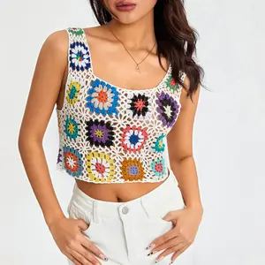 Women's Crochet Knit Granny Square Crop Tank Top Boho Bohemian Holiday Vacation Summer Beach Festival Sexy Sleeveless Camisole Sexy Crop Top Female Fashion