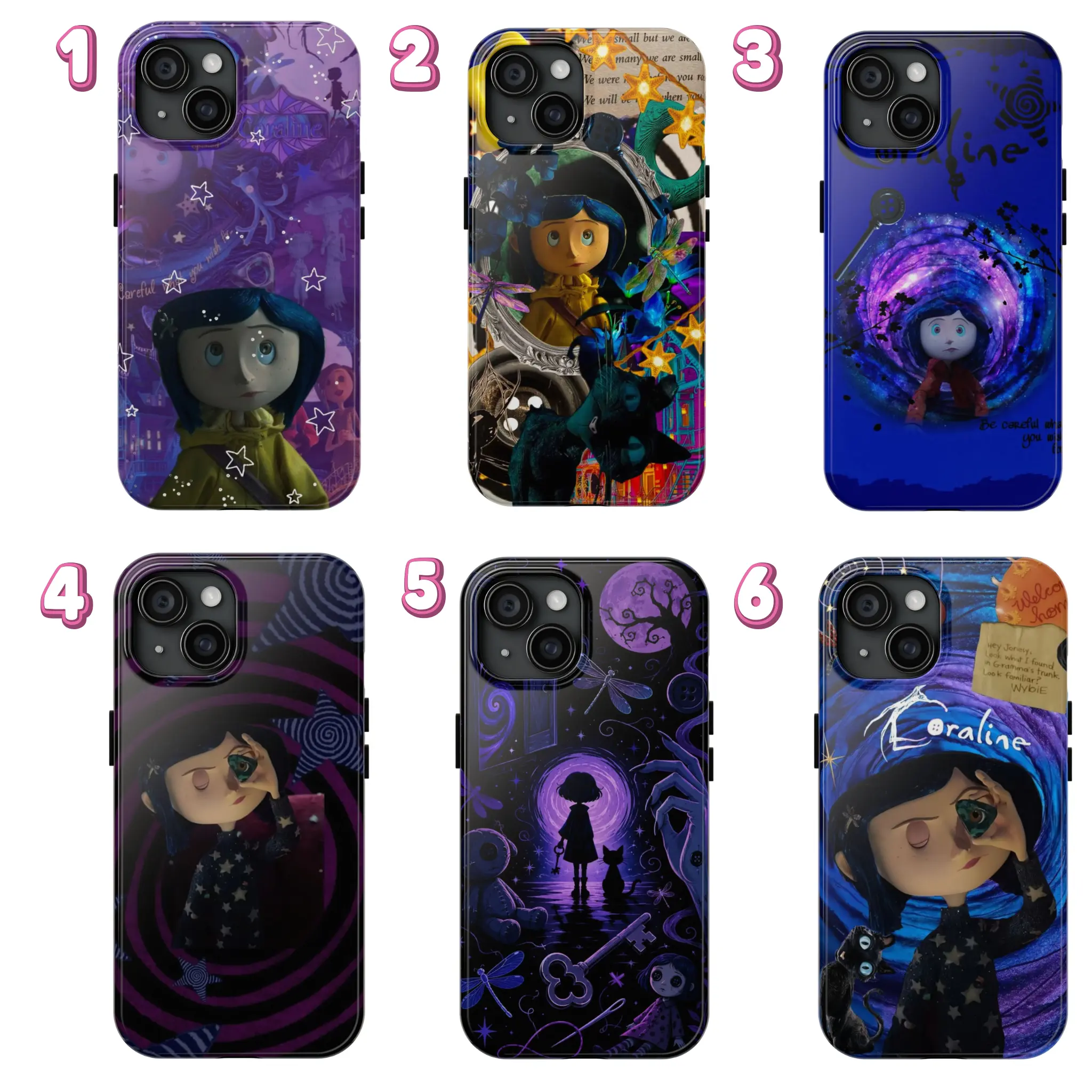 C0ra1ine Collage Phone Case, Spooky Dark Aesthetic Movie Character Protective Cover, Trendy Gothic Glossy Shell for iPhone 11, 12, 13, 14, 15, 16, 17 Pro Max Plus Mini, Button Eyes Creepy Cute Vibe Ultimate Thick Case Heavy Defending
