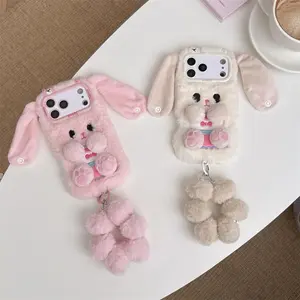 Warm fluffy long ears plush rabbit phone case for iPhone 17 Pro Max 11 12 13 14 15 16 Shockproof Cover with lanyard cute Cases