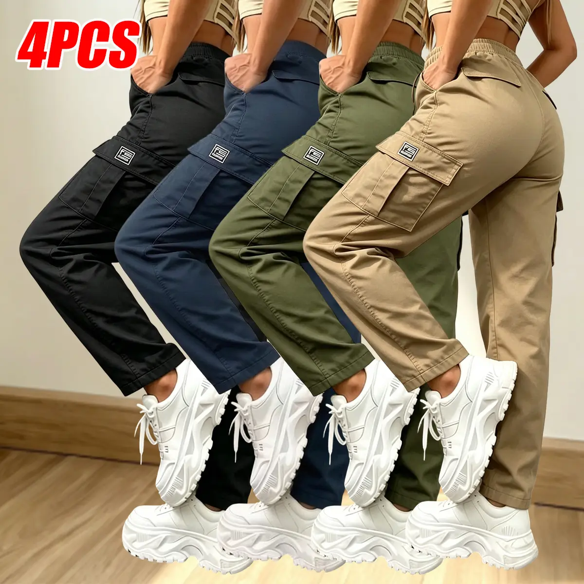 Set of 4 women’s solid-color cargo pants featuring an elastic waistband design and practical pockets, offering large capacity for convenient storage.Multifunctional women’s cargo pants, suitable for all seasons, perfect for everyday casual wear, outdoor a