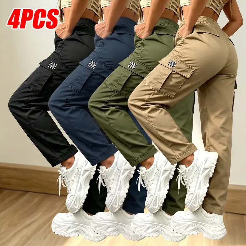 Women's Basic Full-Length Polyester Cargo Pants (Set of 4) - Mid-Waist Elastic Band, Large Pockets, Athletic Fashion, Solid Color, Minimalist Versatile Jogger, All-Season Outdoor Casual Wear