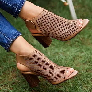 Imily Bela Heels for Women Open Toe Boots Cutout Ankle Strap High Heel Chunky Block Sandals