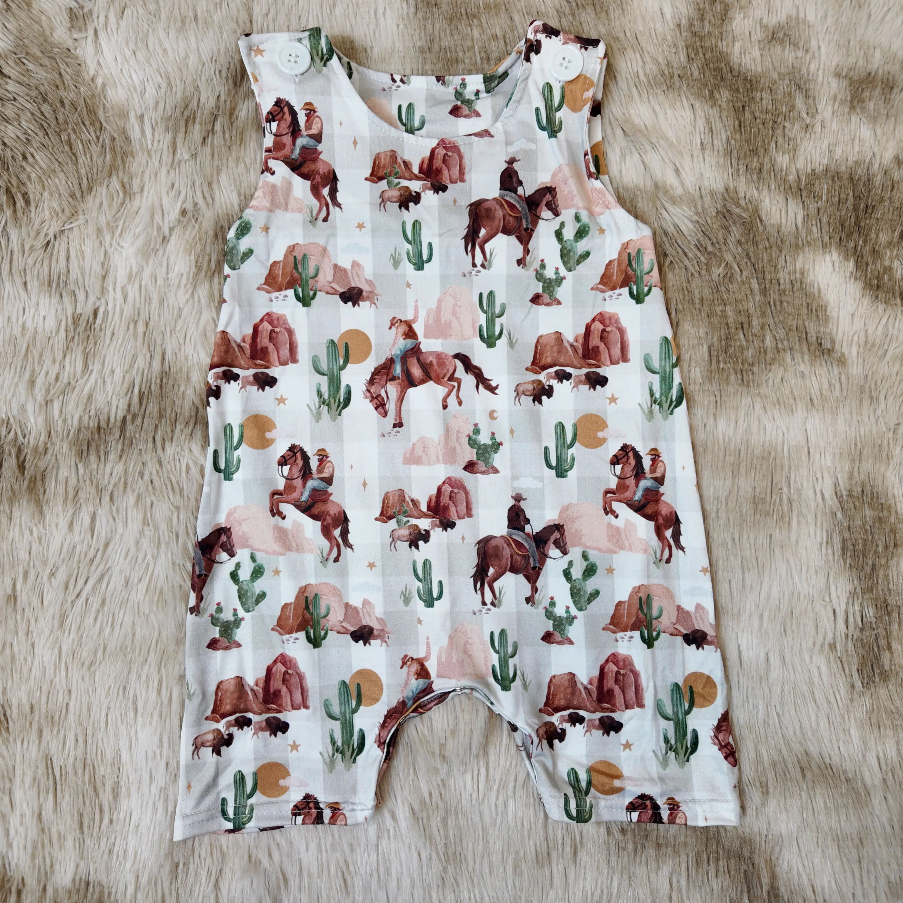 Western Cowboy Baby Romper, Strapless Gingham Bodysuit with Cactus Detail for Infant Toddler Boys, Summer Baby Clothing, Infant Outfit, Bodysuit Without Straps, Fun Themed Bodysuits