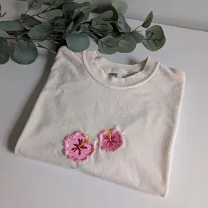 Embroidered Pink Hibiscus Comfort Colors Shirt, Embroidered Floral Summer Shirt, Hawaii Shirt