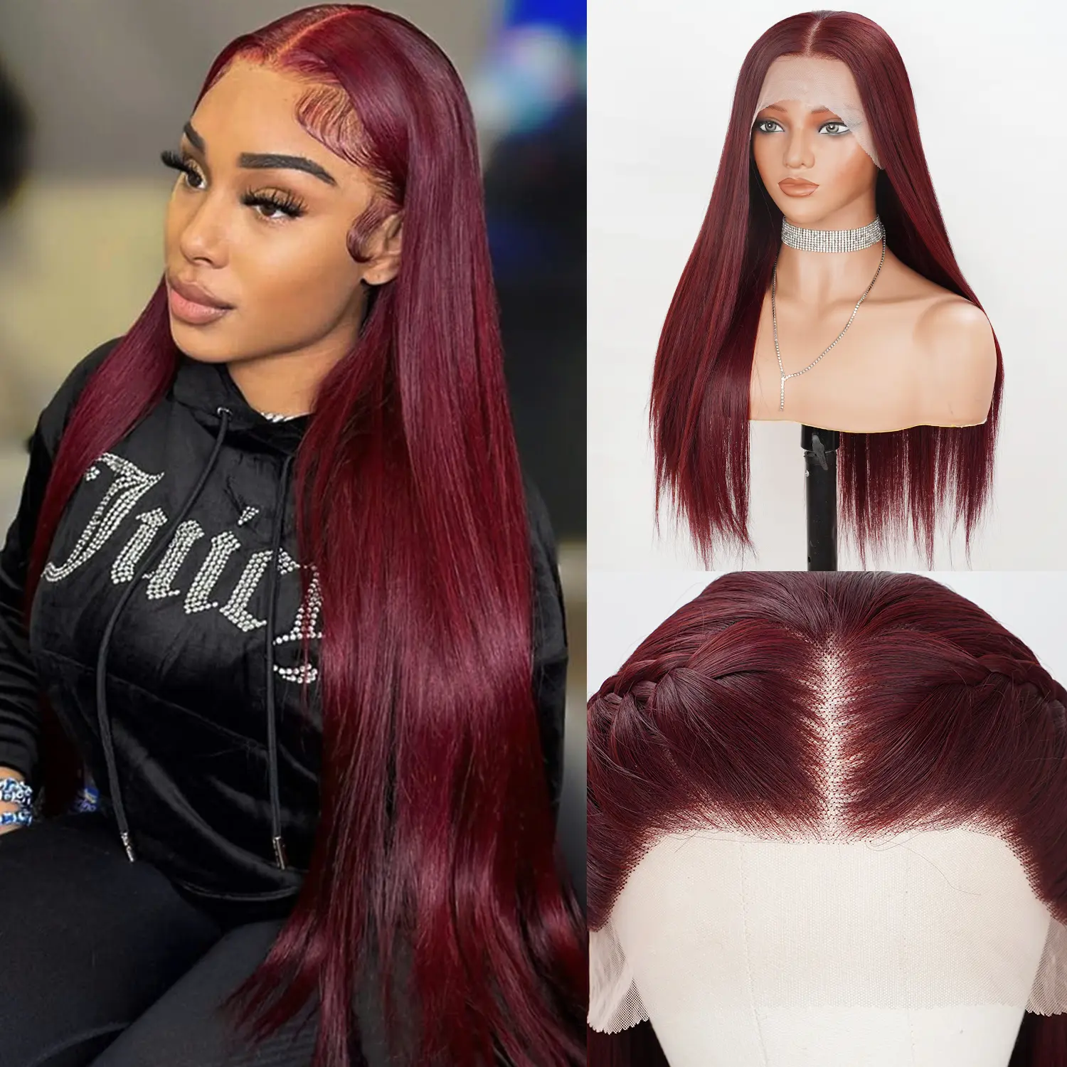 13x4 Glueless Wine Red Color Synthetic Lace Front Wigs Burgundy Long Straight Hair Wigs for Women Glueless HD Lace Front Wig For Cosplay Party