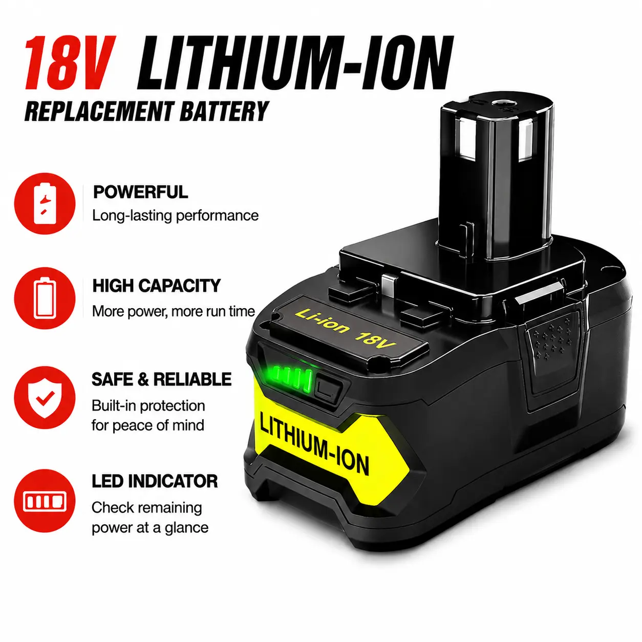 18V Lithium Battery Pack, Rechargeable Replacement Battery for Cordless Power Tools with LED Indicator, Portable Power Battery for DIY Projects