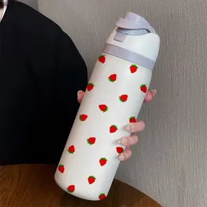 32oz Artistic Strawberry Dual-Use Sports Water Bottle, Stainless Steel Vacuum Insulated, Large Capacity Fruit Cup, Perfect Gift for Women