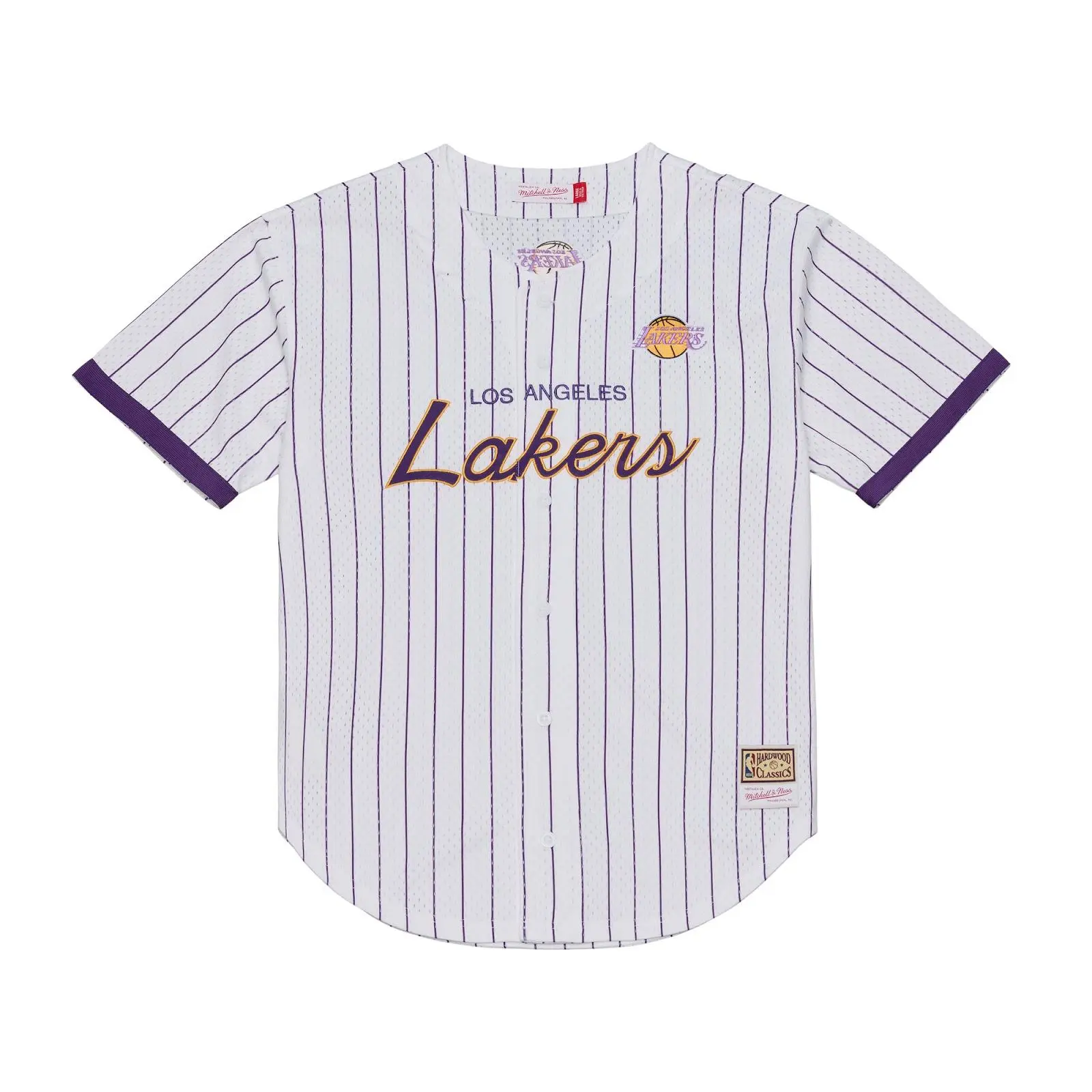 Los Angeles Lakers White Head Coach Pinstripe Mesh Full-Button Baseball Jersey NBA Throwback Basketball Hardwood Classics Fan Gear Mitchell & Ness