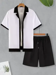 Men's Black & White Contrast 2-Piece Casual Set - Short Sleeve Camp Collar Shirt & Black Drawstring Shorts, Lightweight Breathable Fabric, Relaxed Fit for Hiking, Beach Trips & Summer Outdoor Activities