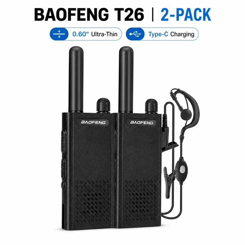 Baofeng walkie talkie T26, 16 channels, 1-3 km long distance communication, portable mini two way radio, built-in rechargeable lithium battery, comes with headphones, Type-C charging, suitable for business, entertainment, and apartment use.
