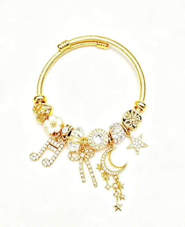 Gold Star Moon Bow Open Wire Bangle Rhinestone Music Note Charm Bracelet for Women
