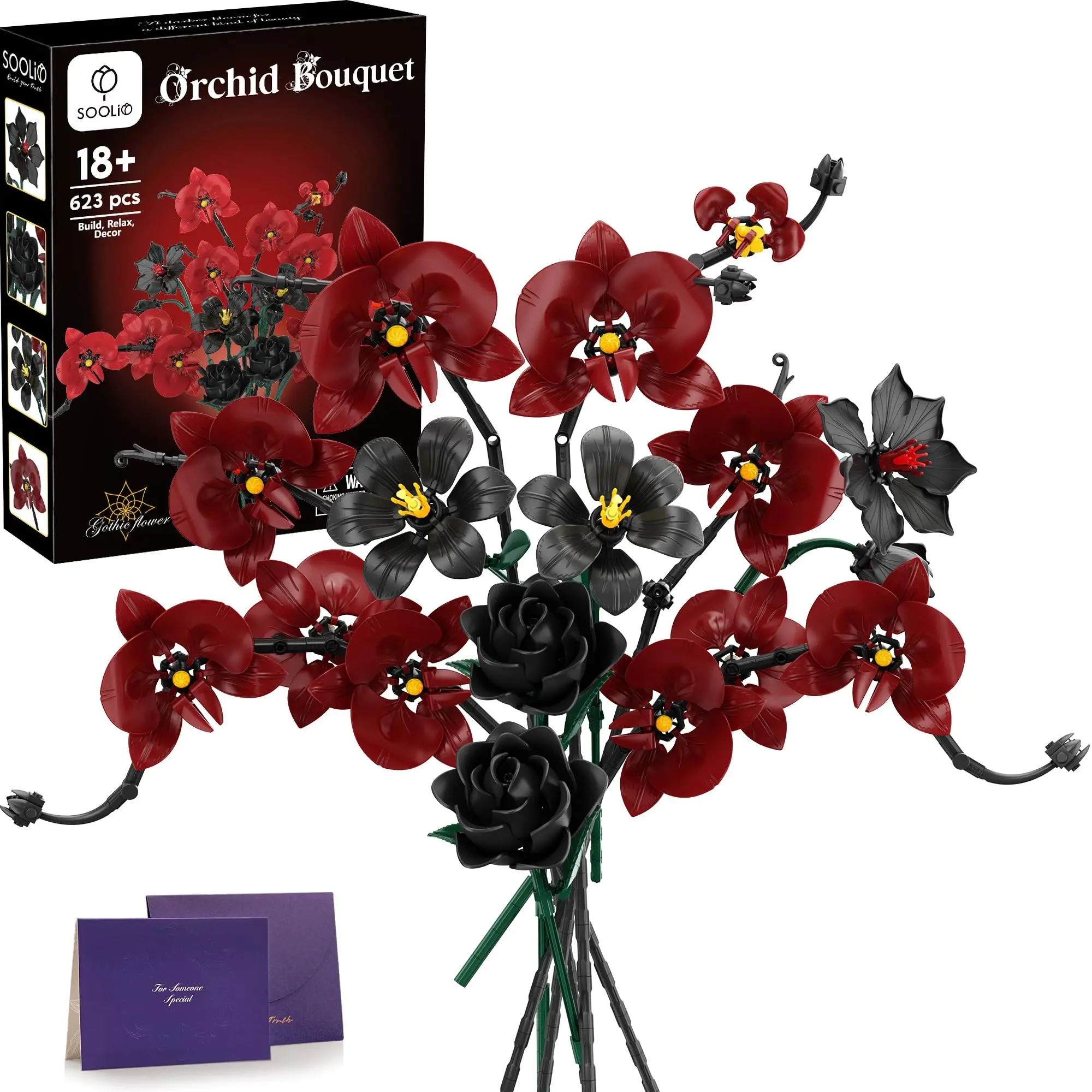 Orchid Rose Flower Bouquet Building Set for Adults, Gifts for Mom Wife Women Couple Girlfriend Teen, Artificial Floral Botanical Collection Gothic Decor for Home, Office or Entryway, Artificial Decorative Flowers, Artificial Flower Decorations (623 PCS)