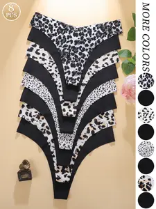 Women's Solid & Leopard Print Underwear Set, Casual Elegant Panty, Comfortable Skin-Friendly V-Shape Pull-Up Waist Design, Seamless Sporty Thongs, 8 Pieces