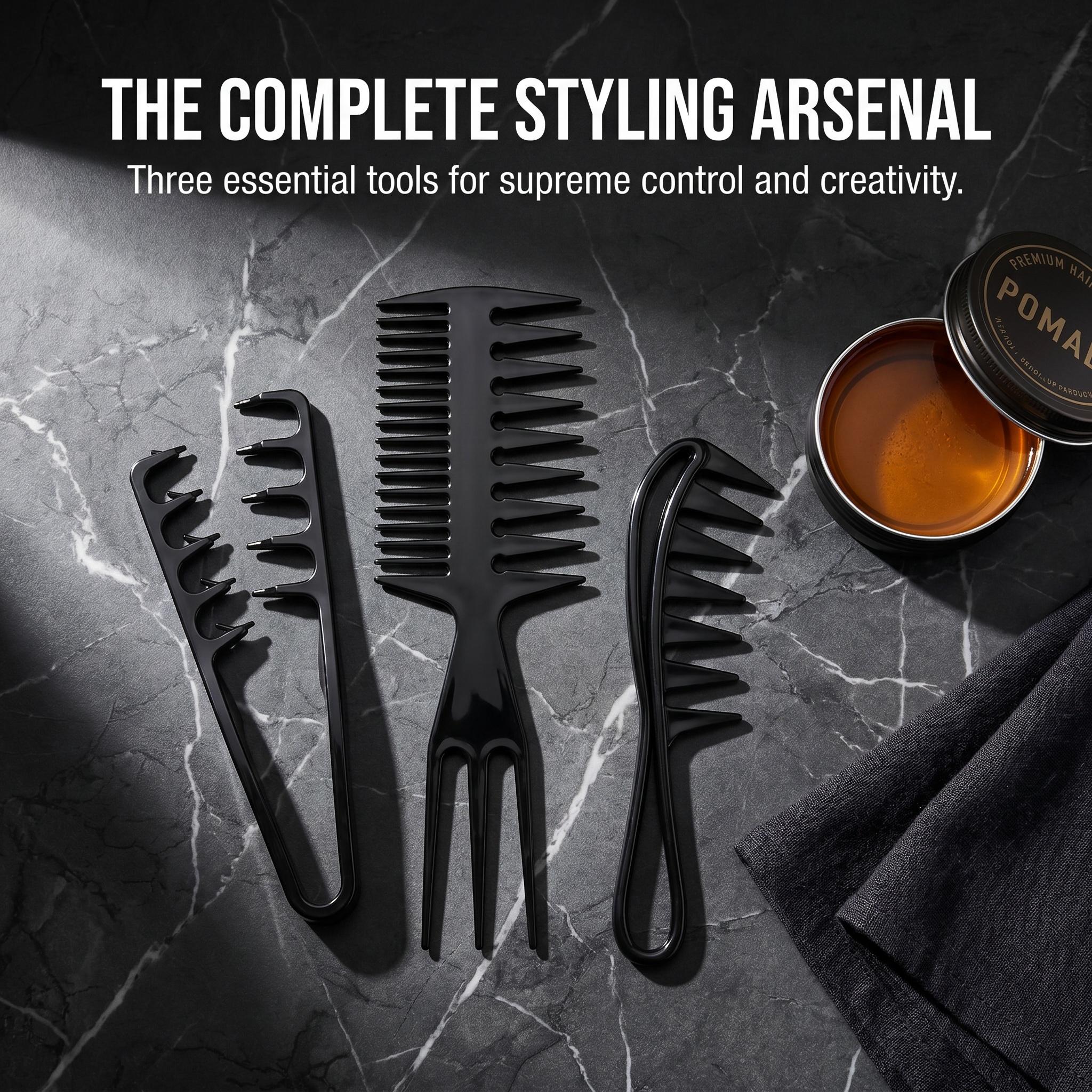 High-elastic ABS Korean texture styling comb set of 3 for volumizing hair, suitable for both men and women, conceals hairline and bangs, hair styling comb, high crown top tool, anti-greasy hair comb, back comb, wide tooth comb, portable travel design-MM1