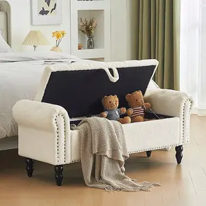 52"White Ottoman Bench Storage With Nailhead Trims Modern Faux Sherpa Upholstered End Of Bed Bench With Rolled Arms Luxurious Button Tufted Entryway Bench With Wood Legs Flared Bedroom Bench For Corridor Bedroom Living Room Hallway Room Decor